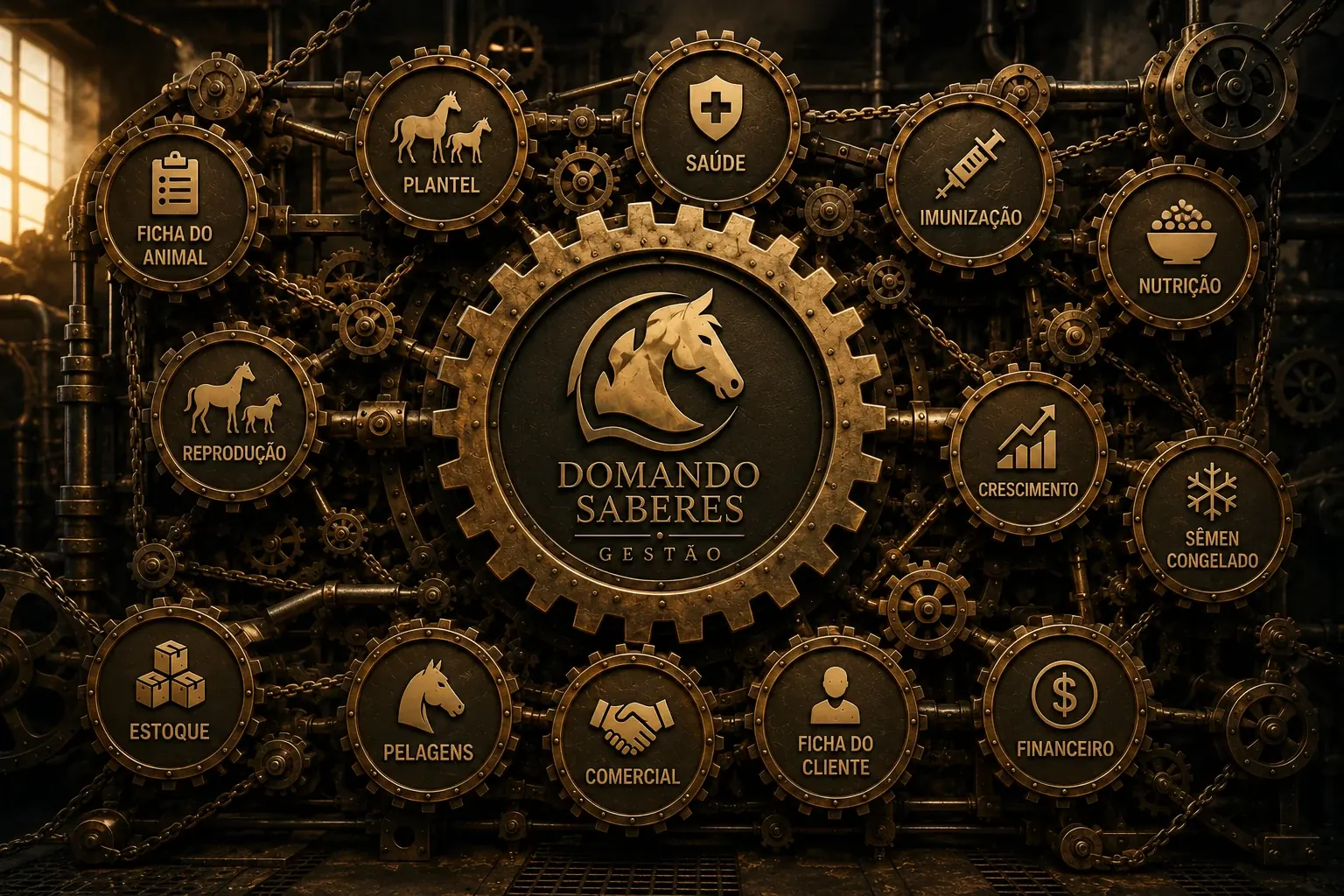 Engrenagem com os módulos do App de Gestão Domando Saberes: ficha do animal, plantel, saúde, imunização, nutrição, crescimento, sêmen congelado, estoque, pelagens, comercial, ficha do cliente e financeiro