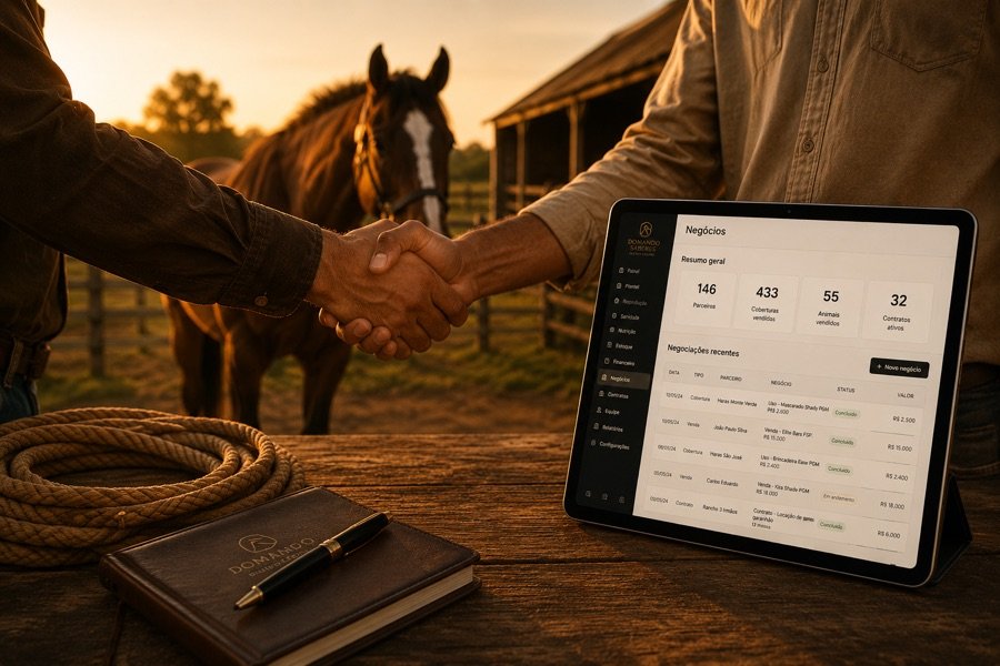Aperto de m&atilde;o entre dois criadores, cavalo ao fundo, com o tablet mostrando a tela de Neg&oacute;cios com parceiros e contratos