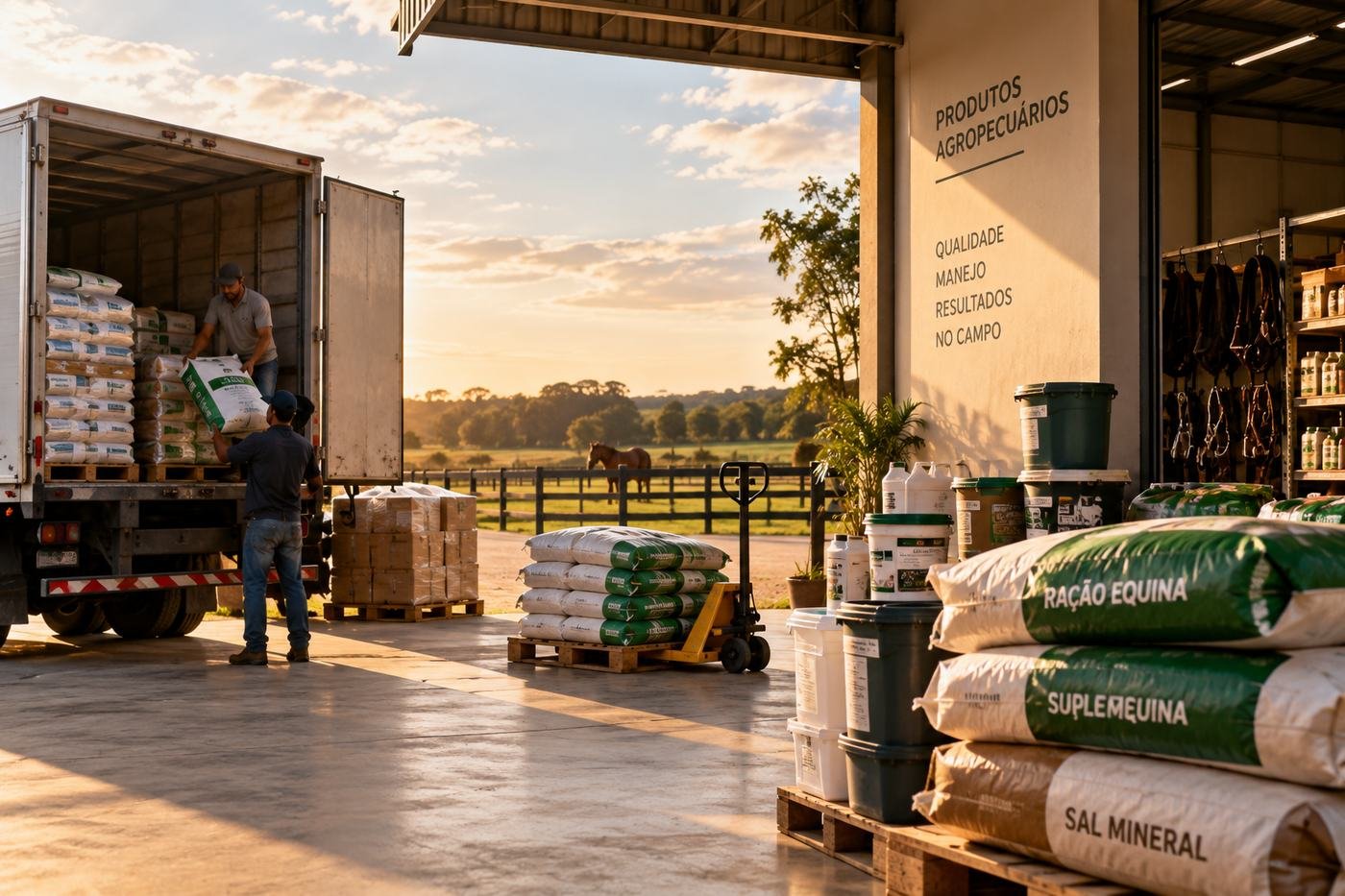 Caminh&atilde;o sendo descarregado no galp&atilde;o do haras, com sacos de ra&ccedil;&atilde;o equina, suplemento e sal mineral empilhados no pallet e o cavalo no piquete ao fundo