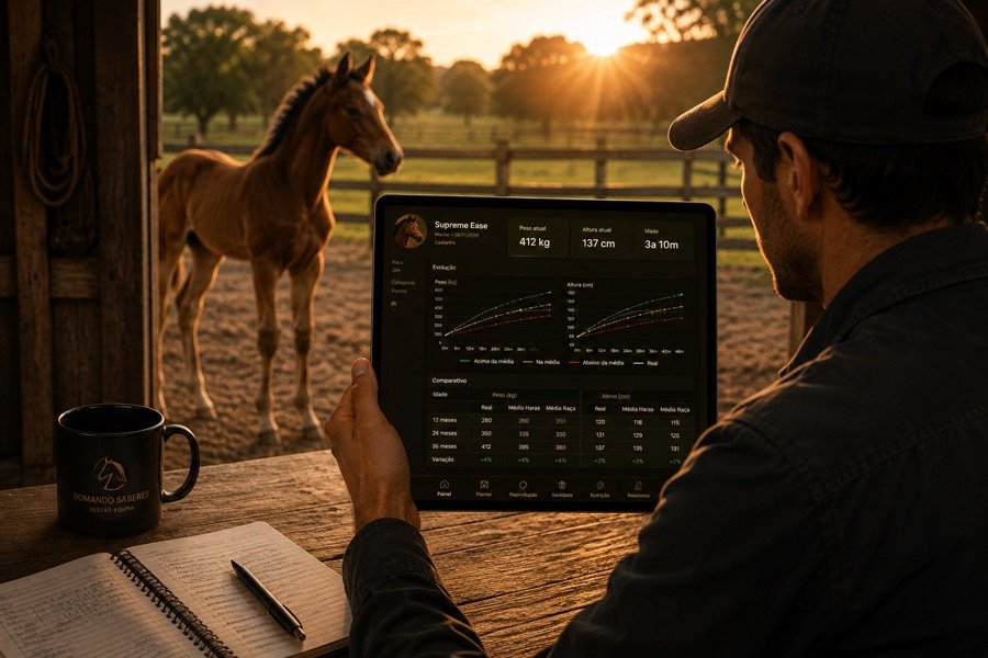 Potro no campo, com o tablet mostrando gr&aacute;ficos de peso e altura comparados &agrave; m&eacute;dia do haras e da ra&ccedil;a