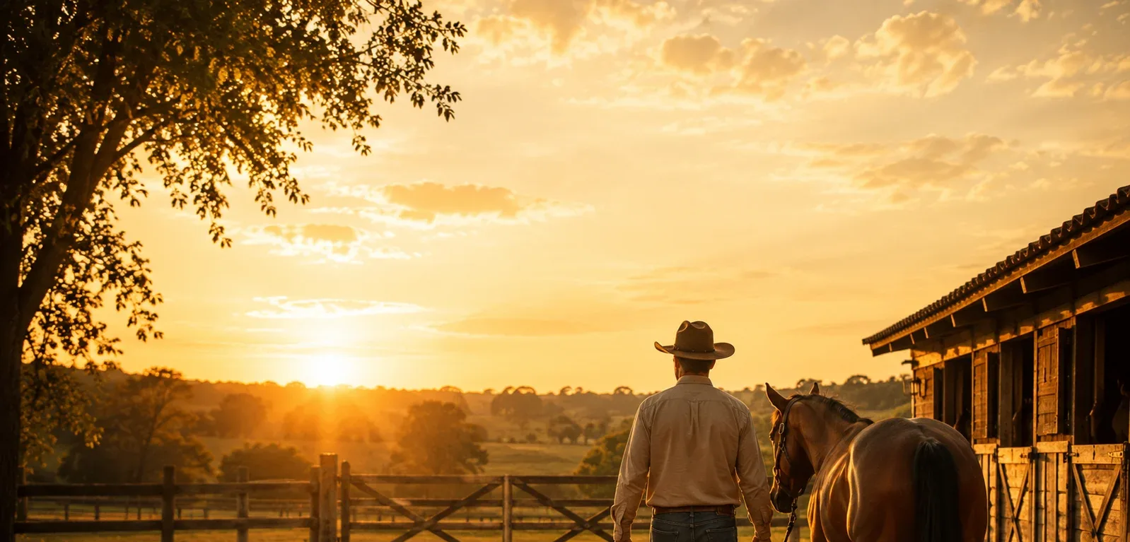Homem levando o cavalo pela r&eacute;dea at&eacute; a baia, ao entardecer