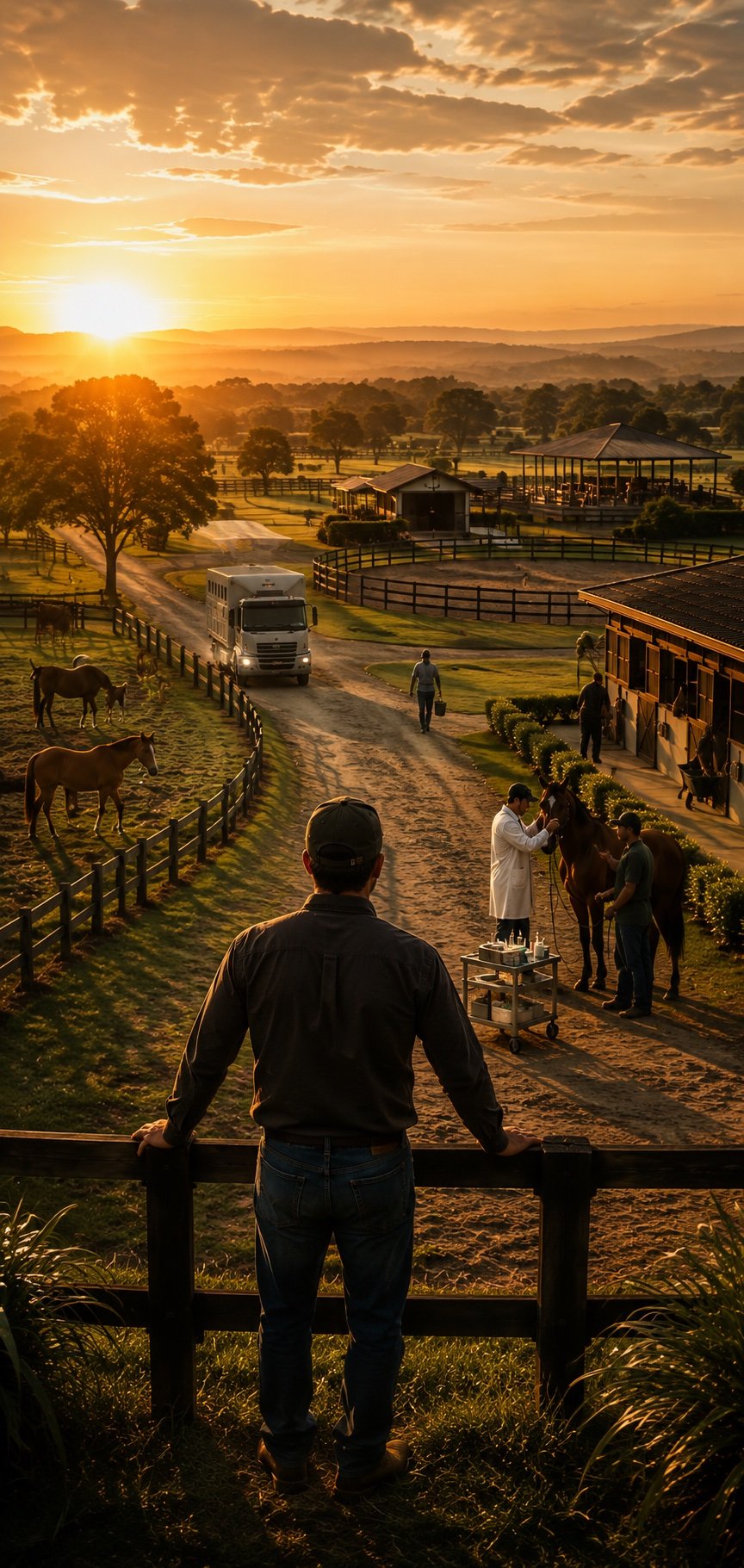 Homem apoiado na cerca observando o haras inteiro ao entardecer: cavalos pastando, caminh&atilde;o chegando, veterin&aacute;rio atendendo um cavalo perto do est&aacute;bulo