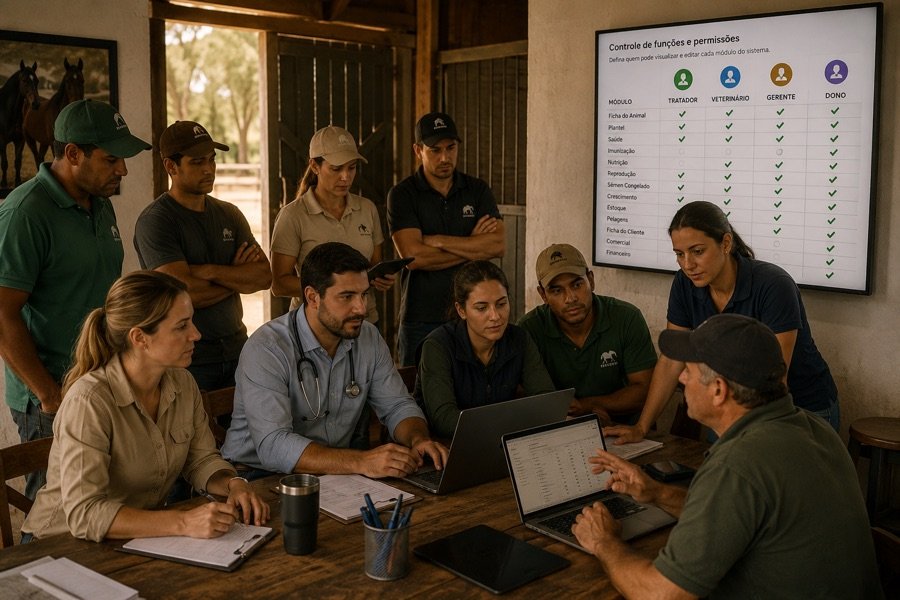 Equipe reunida numa reuni&atilde;o, com um tel&atilde;o mostrando a tabela de controle de fun&ccedil;&otilde;es e permiss&otilde;es