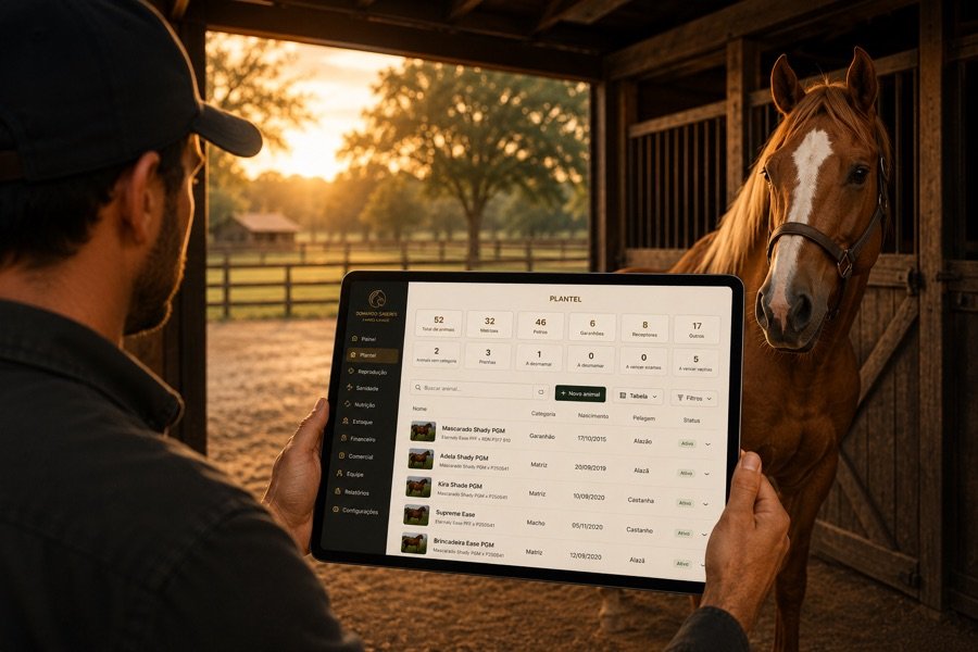 Laptop na mesa com o Plantel aberto mostrando os totais do haras e a lista de animais, cavalo real ao lado