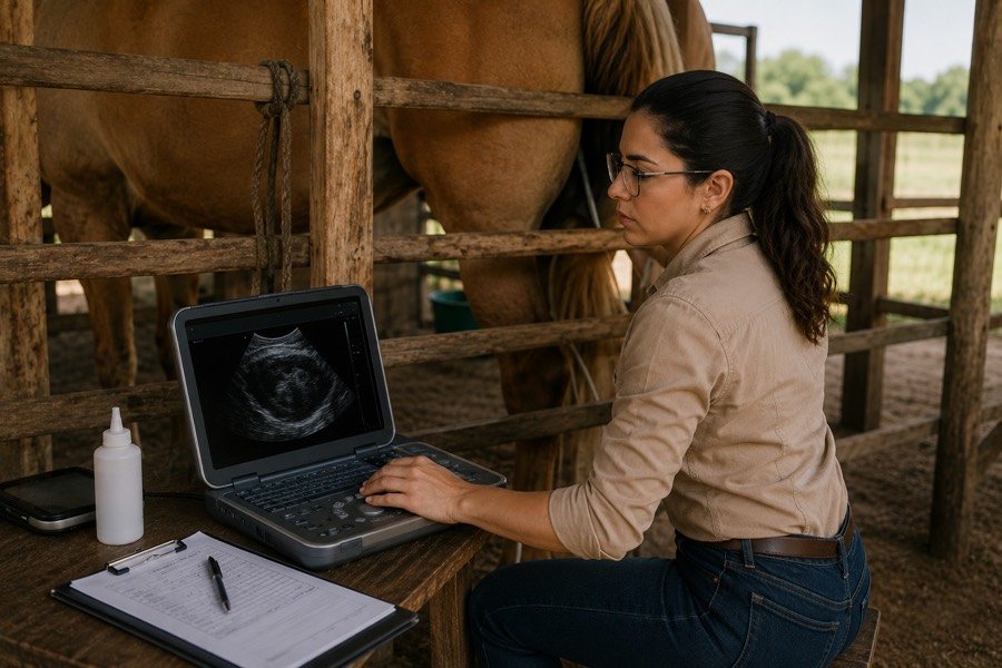 Veterin&aacute;ria fazendo ultrassom numa &eacute;gua para confirmar a gesta&ccedil;&atilde;o
