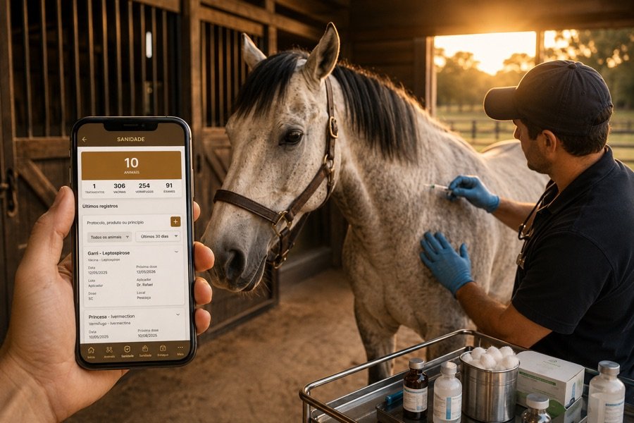 Veterin&aacute;rio aplicando inje&ccedil;&atilde;o no cavalo, com o celular mostrando a tela Sanidade com os &uacute;ltimos registros