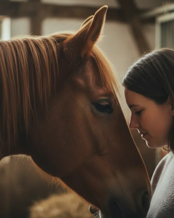 Mulher encostando a testa no cavalo