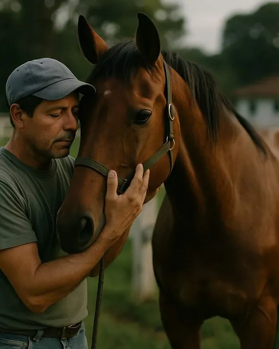 Tratador examinando o cavalo