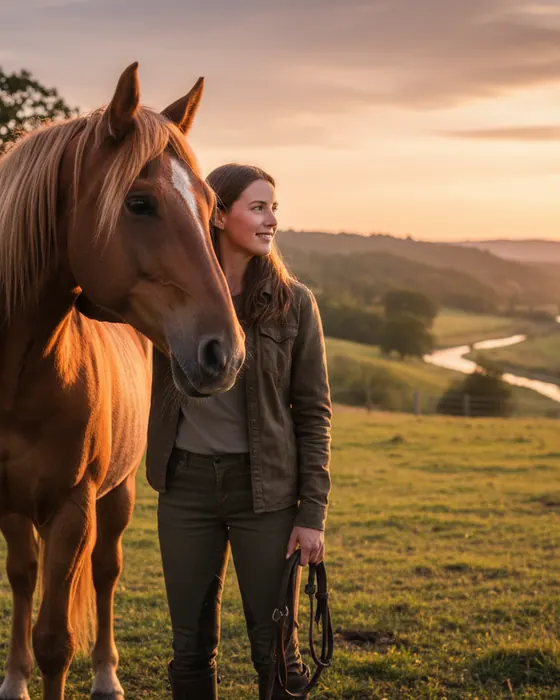 Mulher e cavalo lado a lado ao entardecer