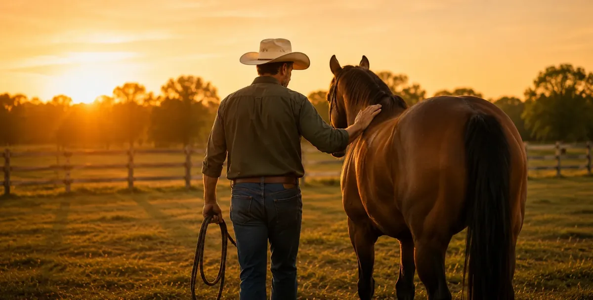 Homem caminhando ao lado do cavalo ao pôr do sol