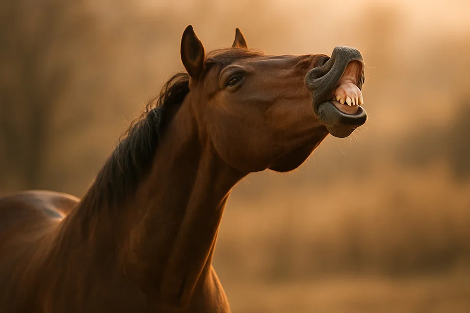 Cavalo levantando o lábio superior, o reflexo de Flehmen