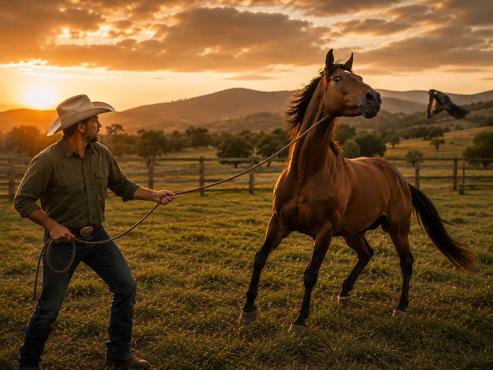 Cavalo puxando o cabo, ainda desconfiado