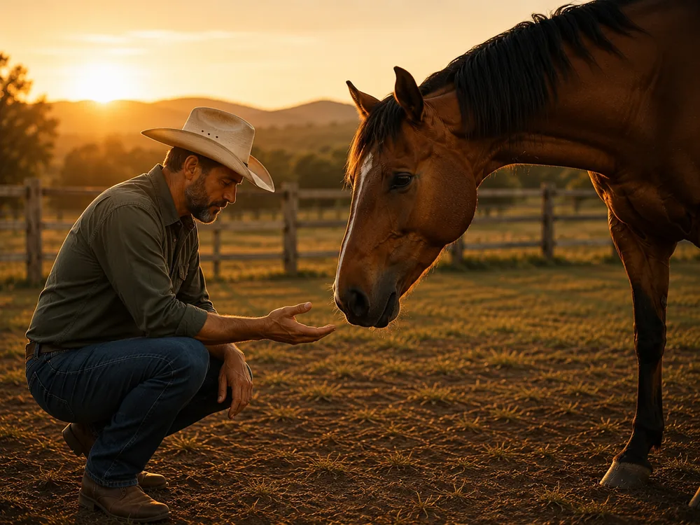 Homem agachado oferecendo a mão ao cavalo