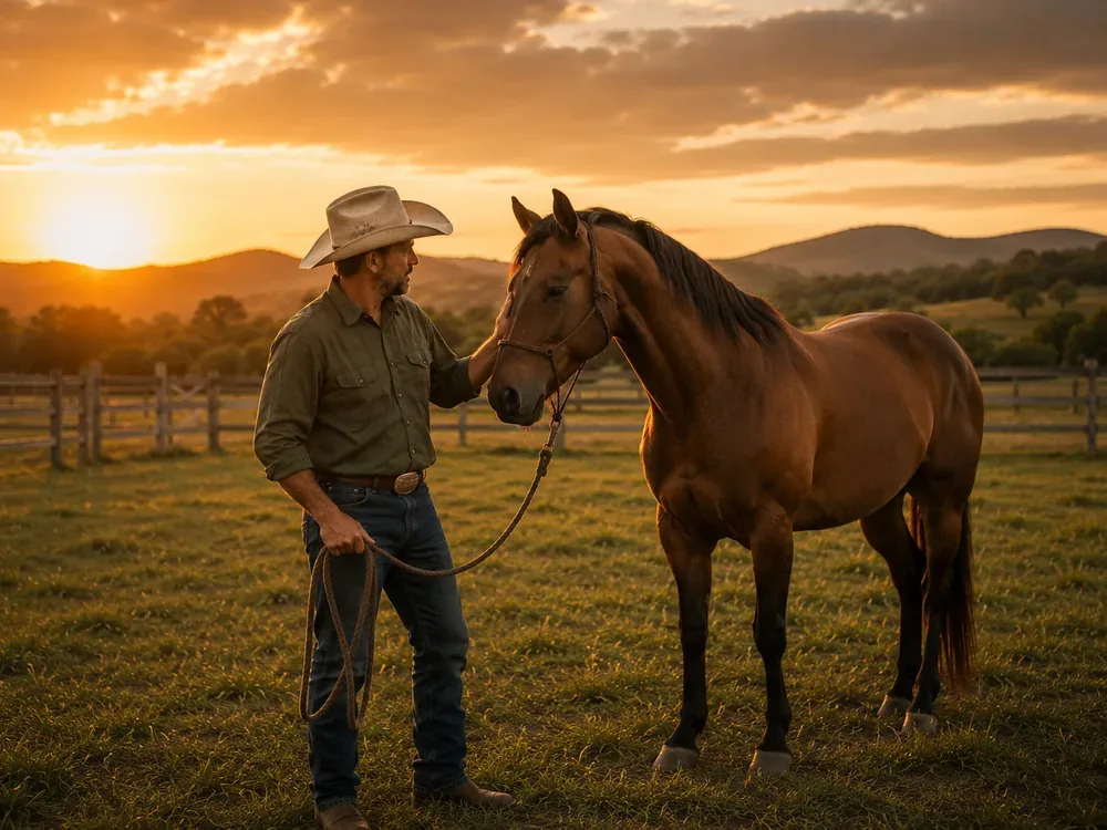 Homem e cavalo lado a lado, tranquilos
