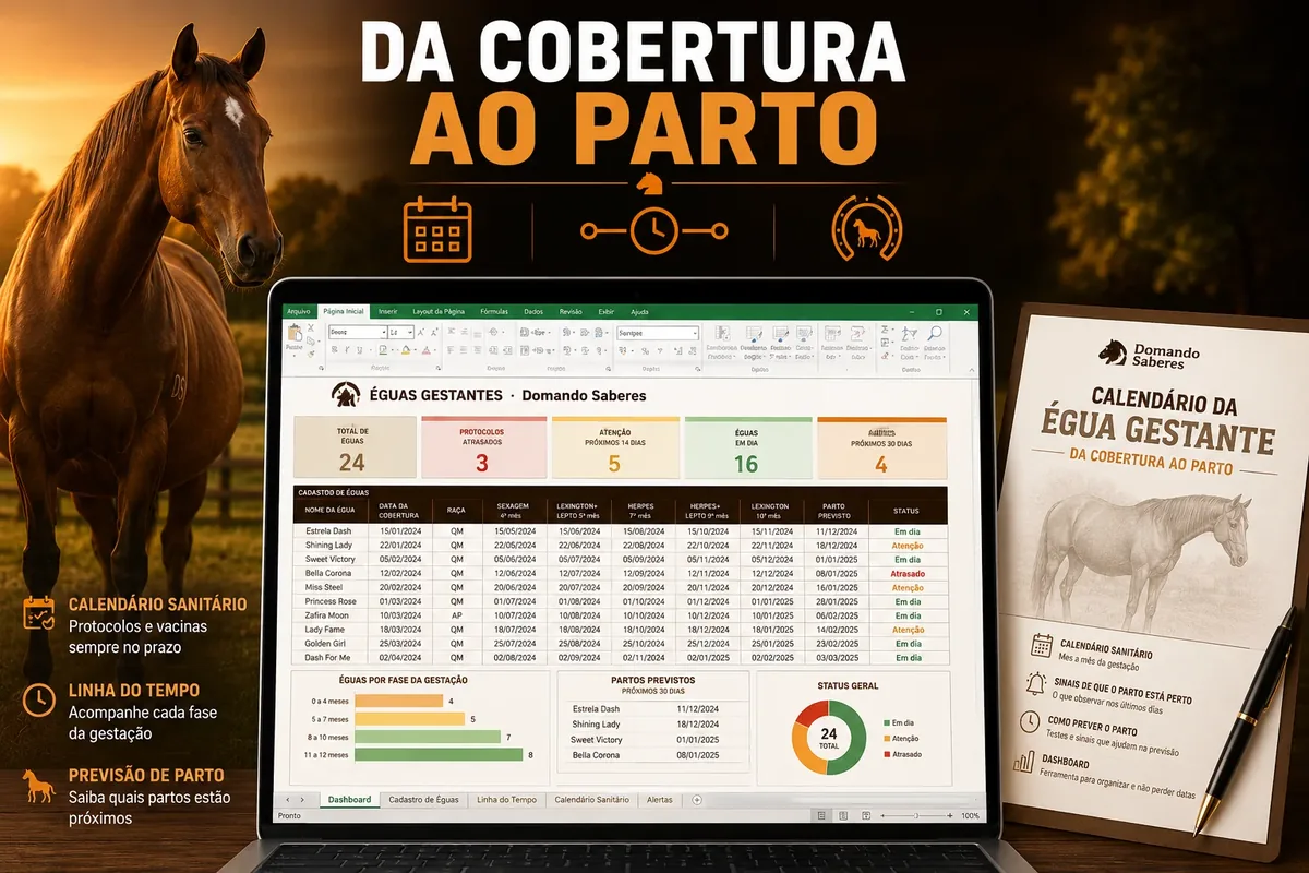 Dashboard de acompanhamento de éguas gestantes e calendário impresso do método G.E.S.T.A.R.