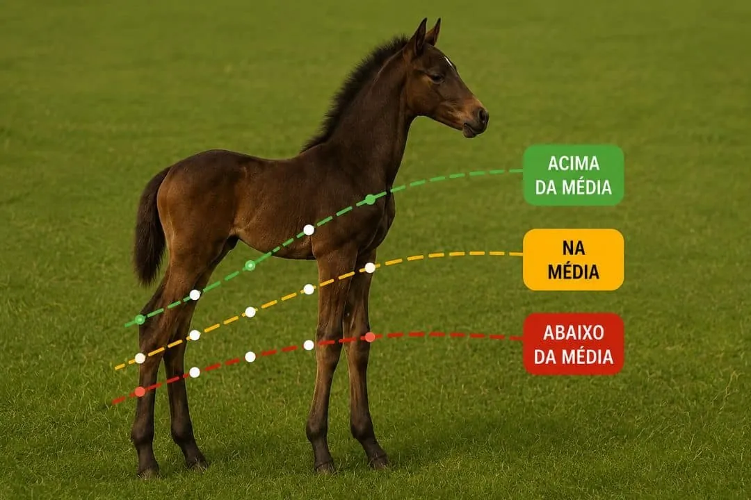Potro com as três curvas de crescimento: acima da média, na média e abaixo da média