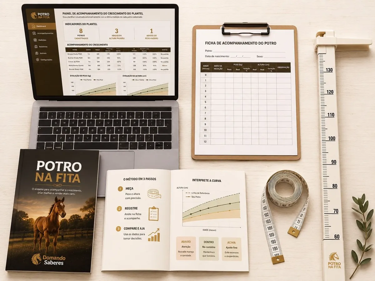 Kit Crescimento de Potros: planilha no laptop, ebook, ficha de acompanhamento, fita métrica e hipômetro