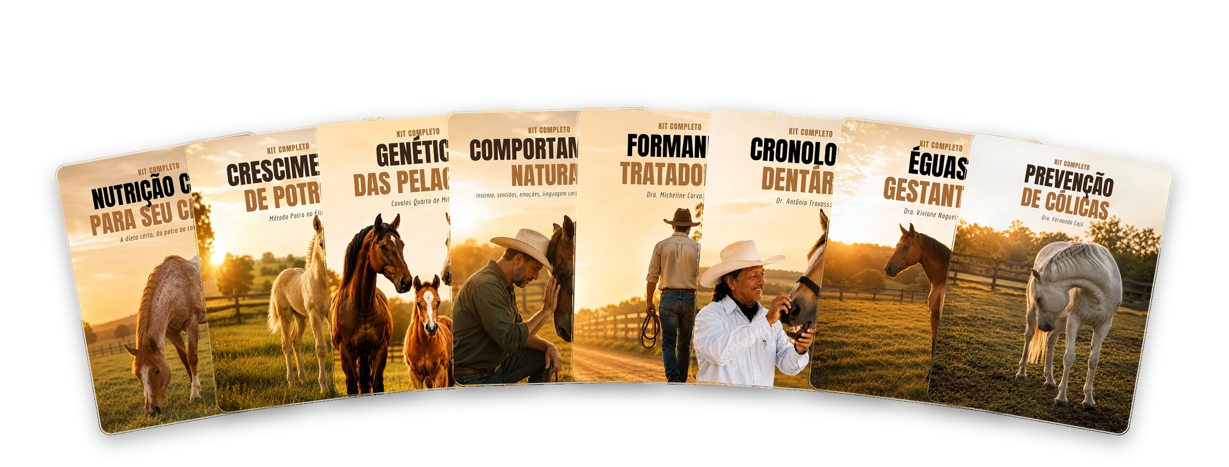 Leque com as capas dos 8 kits digitais da Domando Saberes: Nutrição Certa, Crescimento de Potros, Calculadora de Pelagens, Comportamento Natural, Formando Tratadores, Cronologia Dentária, Éguas Gestantes e Prevenção de Cólicas