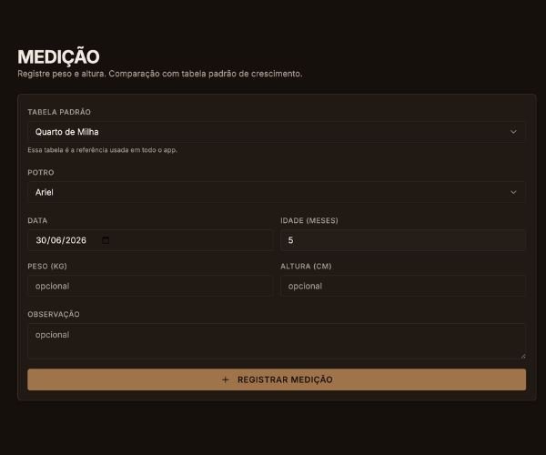 Tela de registro de medição do potro