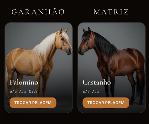 Garanhão e matriz escolhidos com pelagem e genótipo